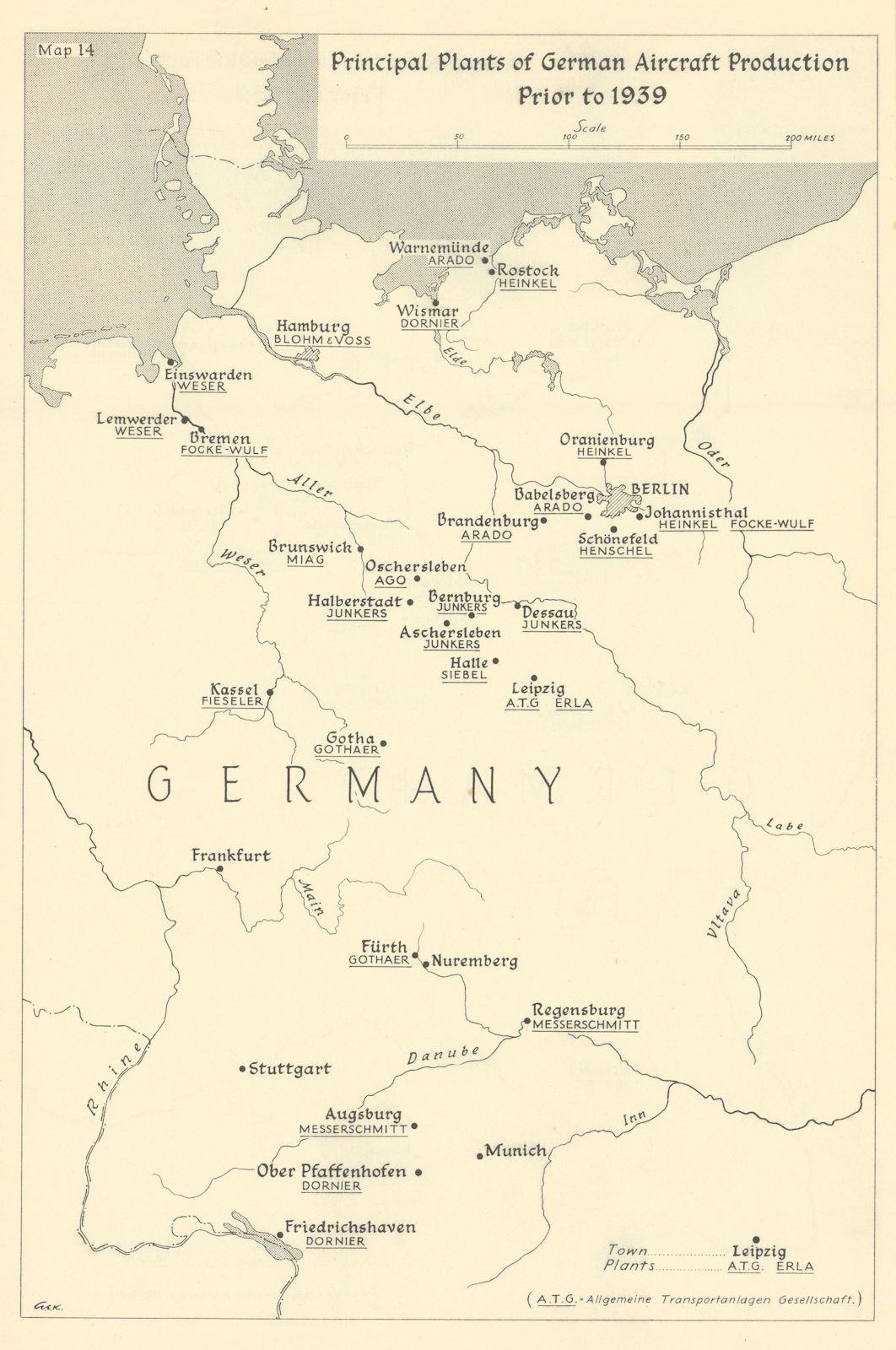 Associate Product Main German aircraft factories prior to 1939. World War Two 1961 old map