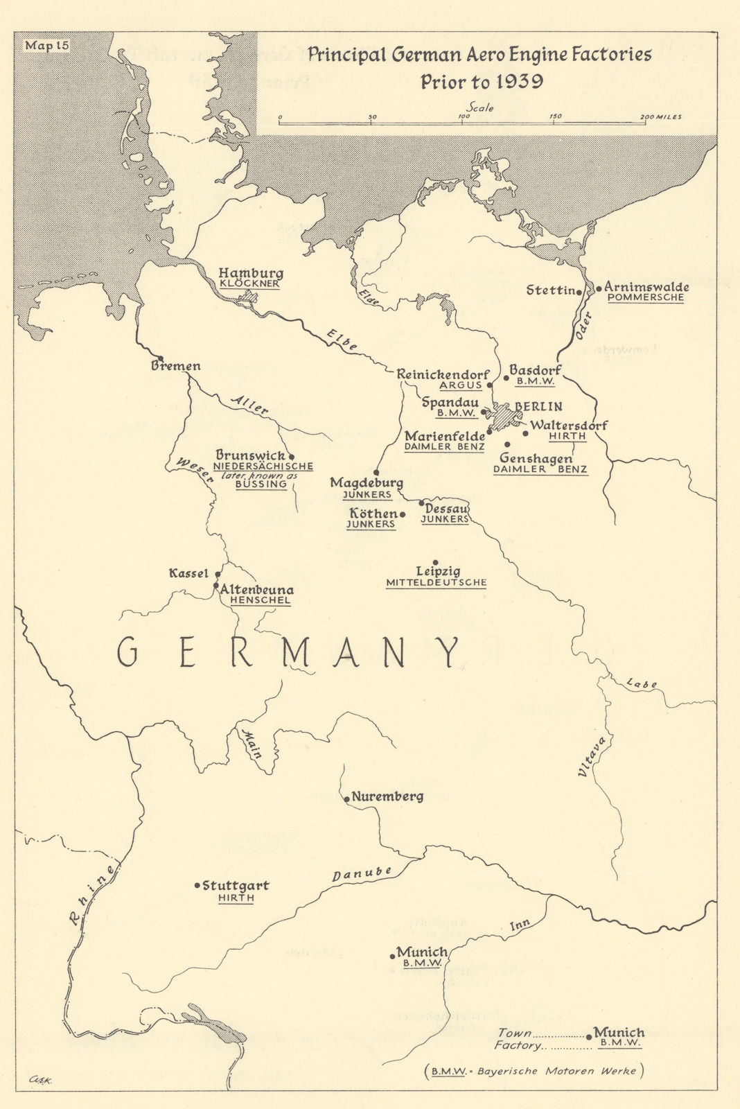 Associate Product Main German aero-engine factories prior to 1939. World War Two 1961 old map