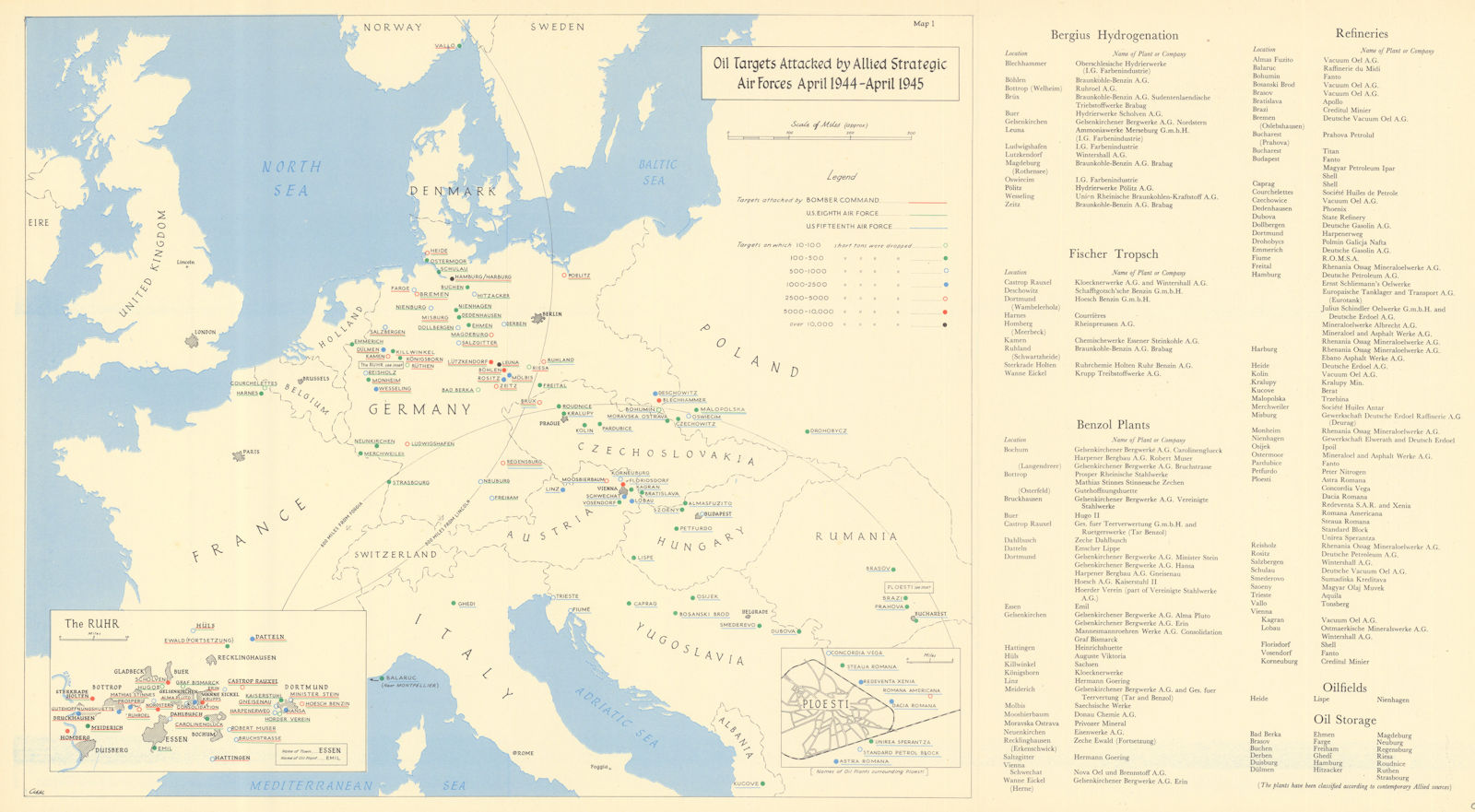 Associate Product Oil targets attacked by allied air forces, April 1944-April 1945 WW2 1961 map