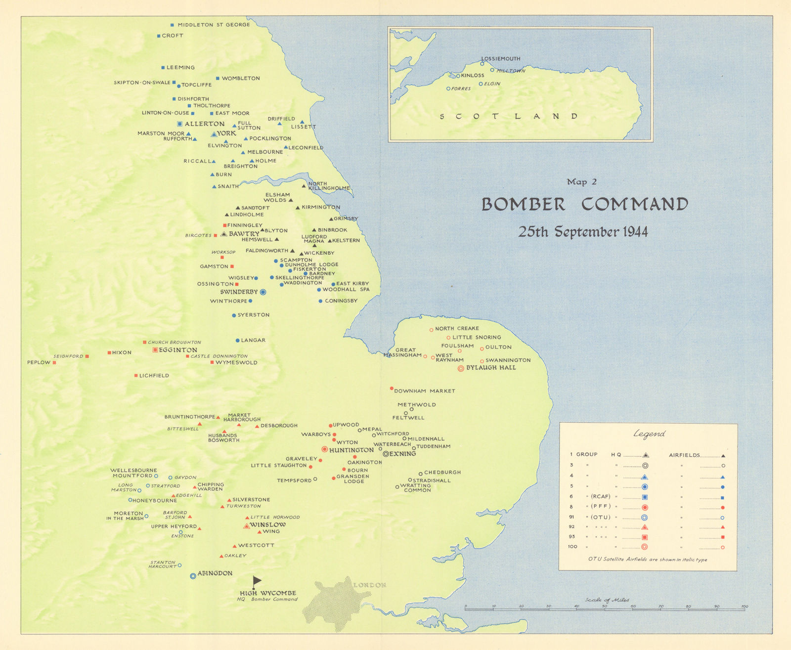 Associate Product RAF Bomber Command airfields & HQs, 25th September 1944. World War Two 1961 map