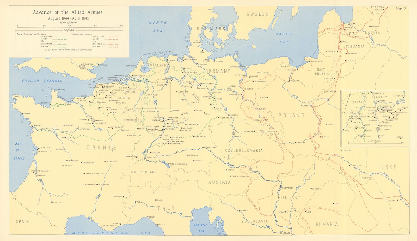 Associate Product Allied Armies Advance. Invasion of Germany. Aug 1944-Apr 1945. WW2 1961 map