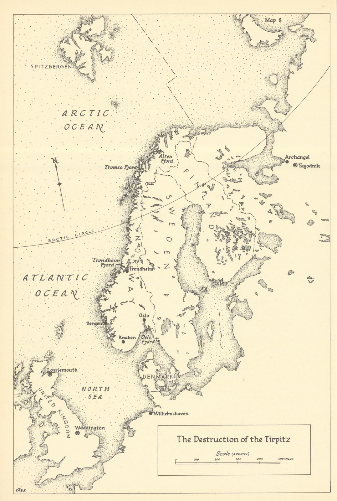 Associate Product The destruction of the Tirpitz, 12 November 1944. Tromsø. World War Two 1961 map