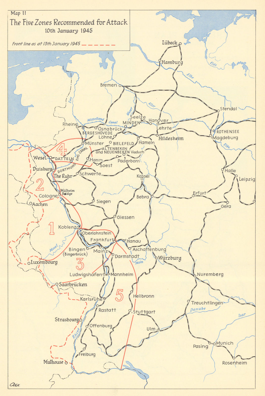 Invasion of Germany. 5 attack zones 19 January 1945. World War Two 1961 map