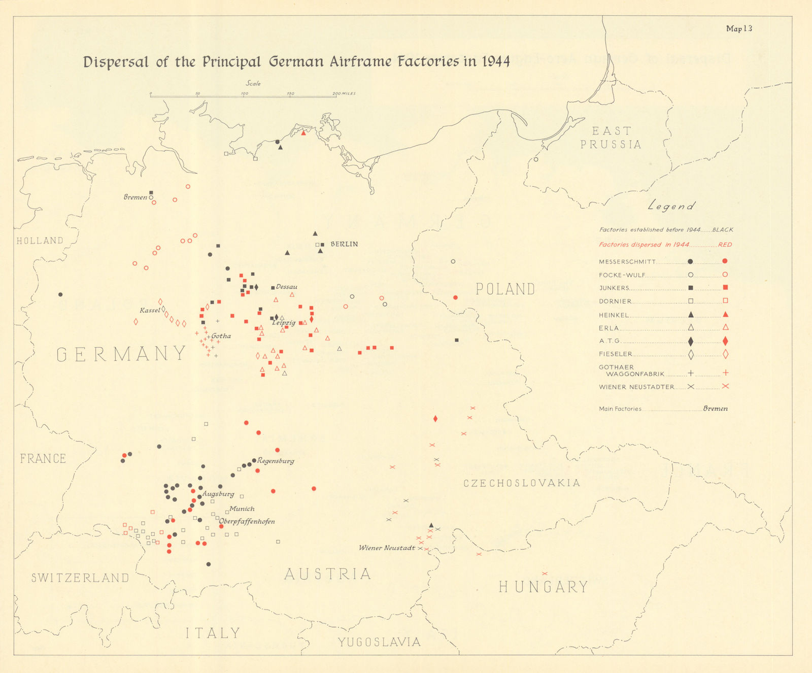 Associate Product Dispersal of the main German airframe factories in 1944. World War Two 1961 map