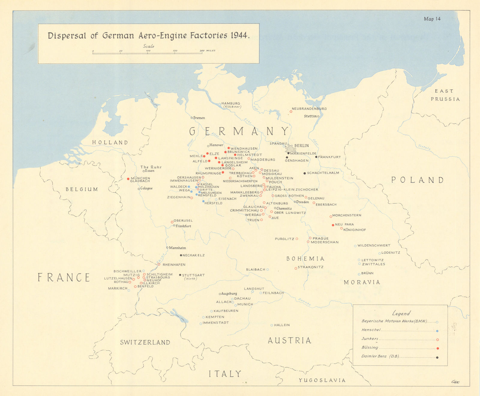 Associate Product Dispersal of German aero-engine factories 1944. World War Two 1961 old map