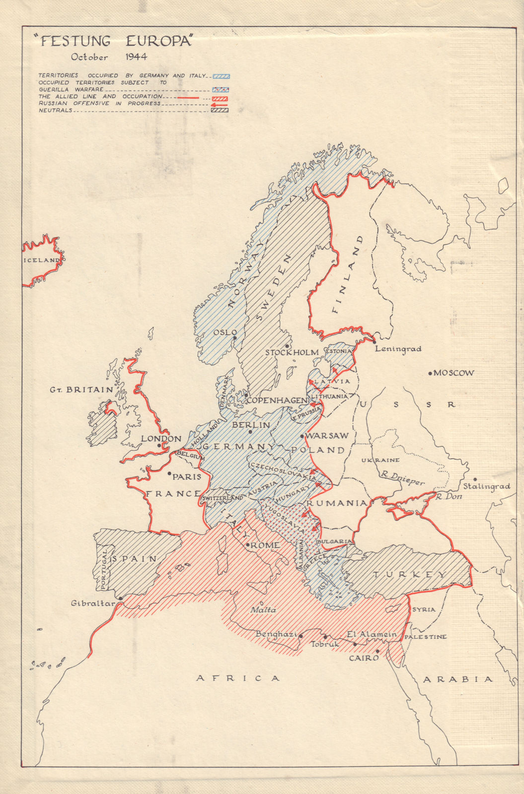 Associate Product Festung Europa / Fortress Europe, October 1944. World War Two 1956 old map