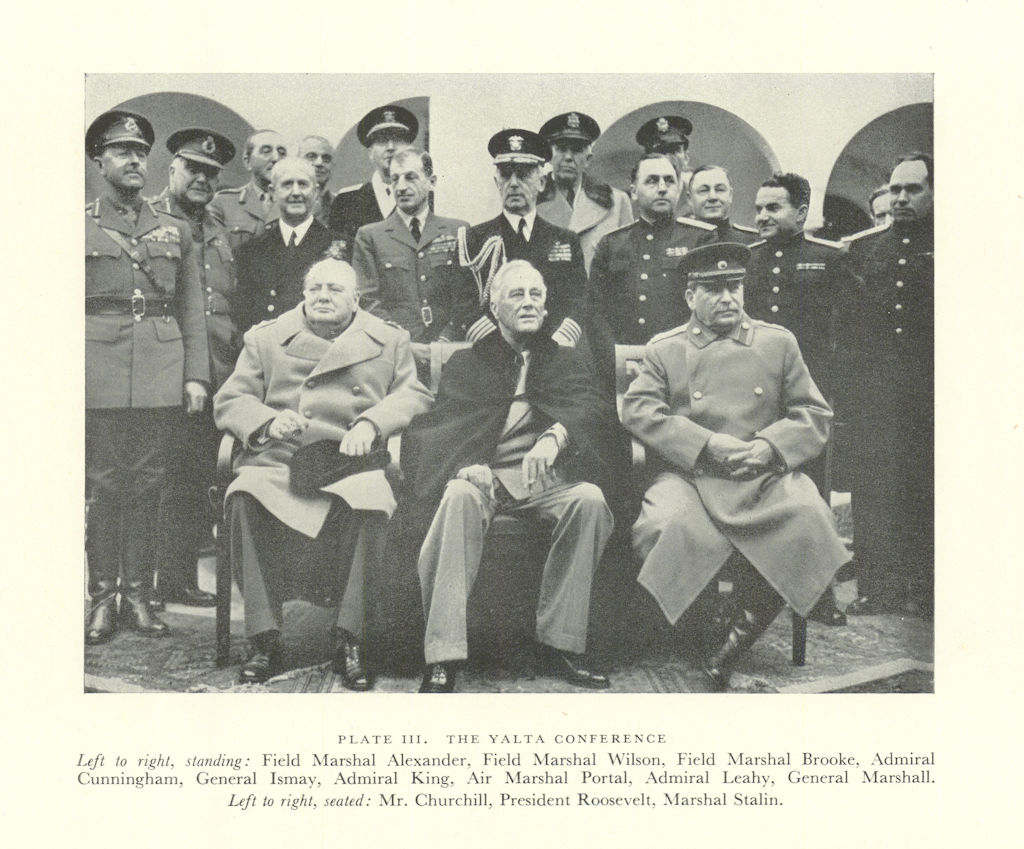 Yalta Conference 1945. Churchill Roosevelt Stalin. World War Two 1956 print