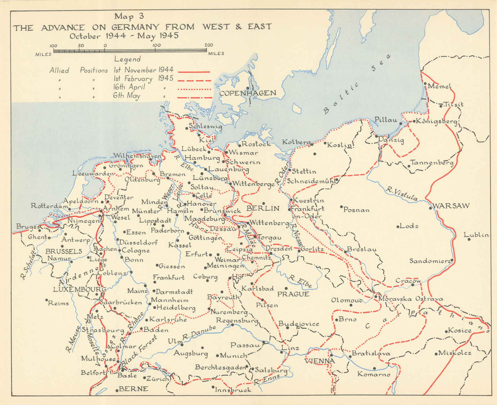 Associate Product Invasion of Germany from West & East Oct 1944-May 1945. World War Two 1956 map