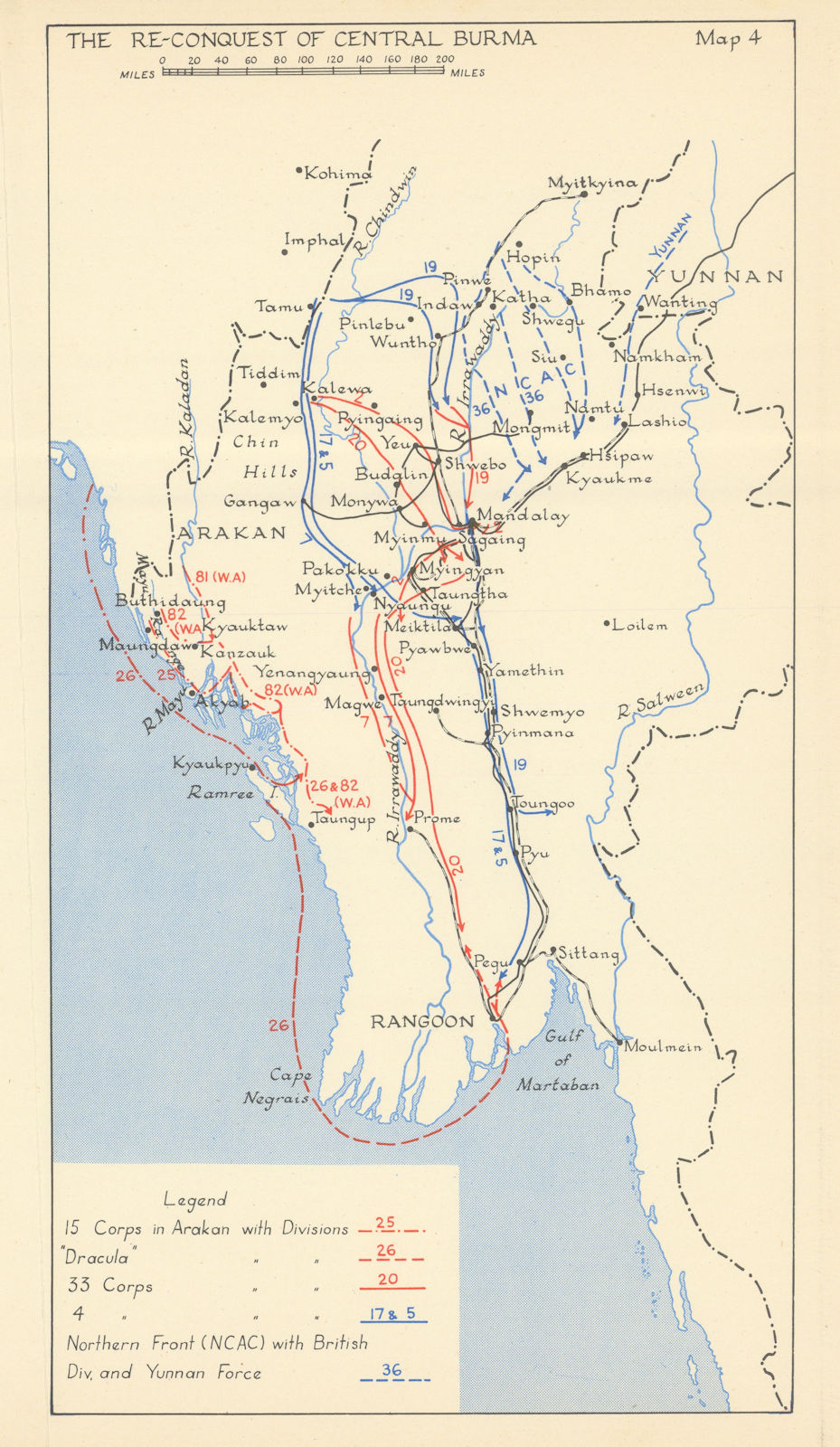 The Reconquest of Central Burma Oct 1944-May 1945. World War Two 1956 old map