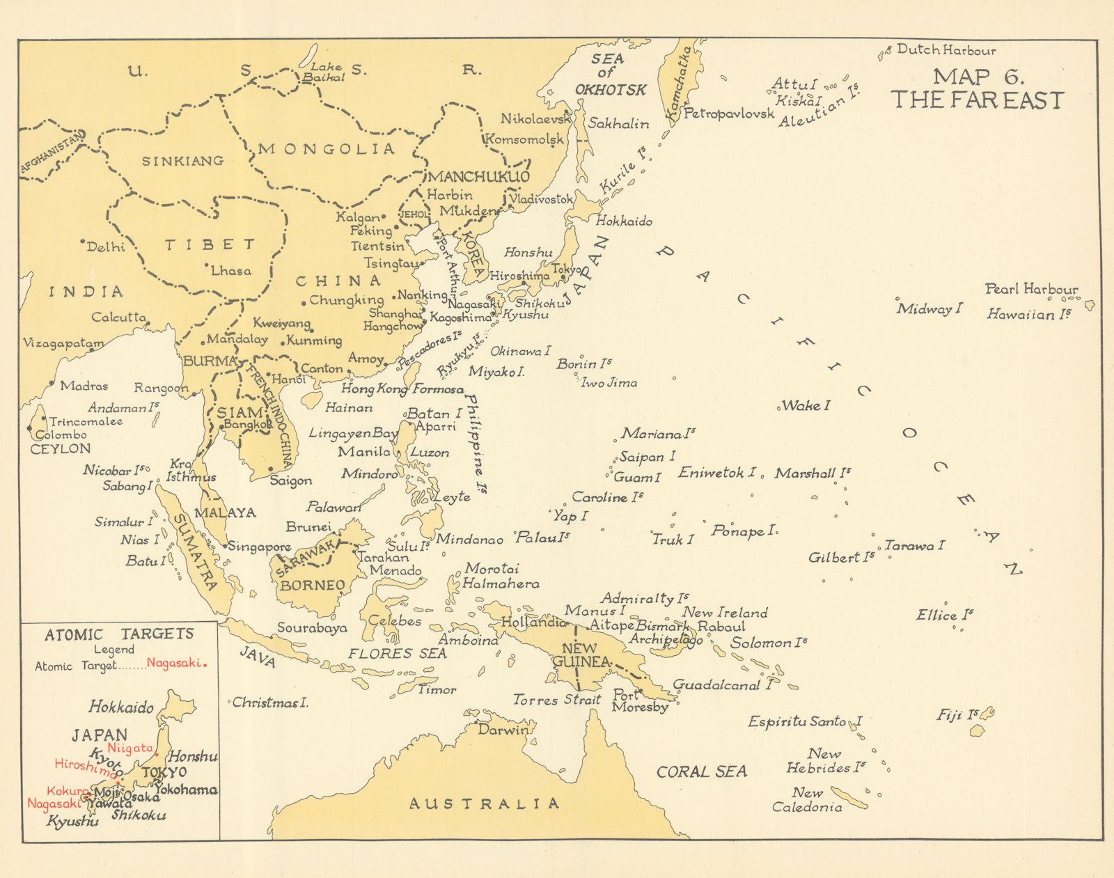 Associate Product The Far East in 1945. Atomic bomb targets in Japan. World War Two 1956 old map