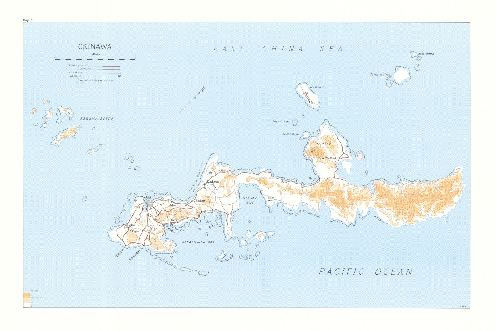 Associate Product Okinawa 1945. Road railways airfield. World War Two 1969 old vintage map chart