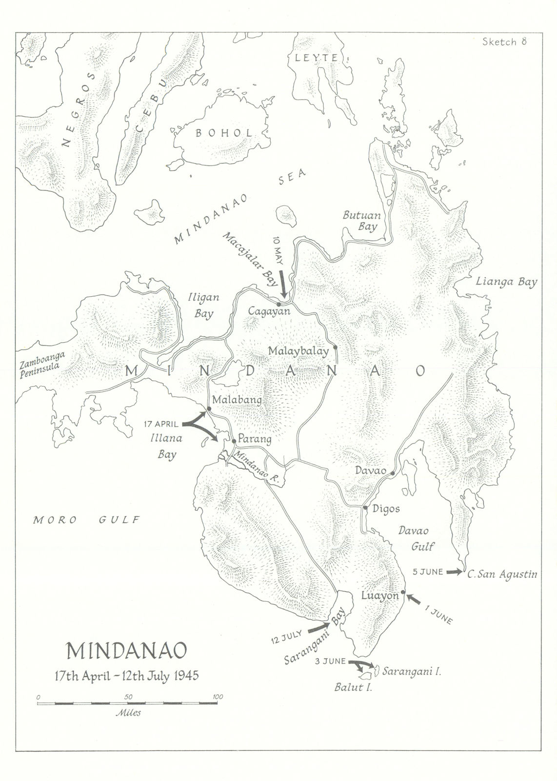 Mindanao landings April-July 1945. Philippines campaign. World War Two 1969 map