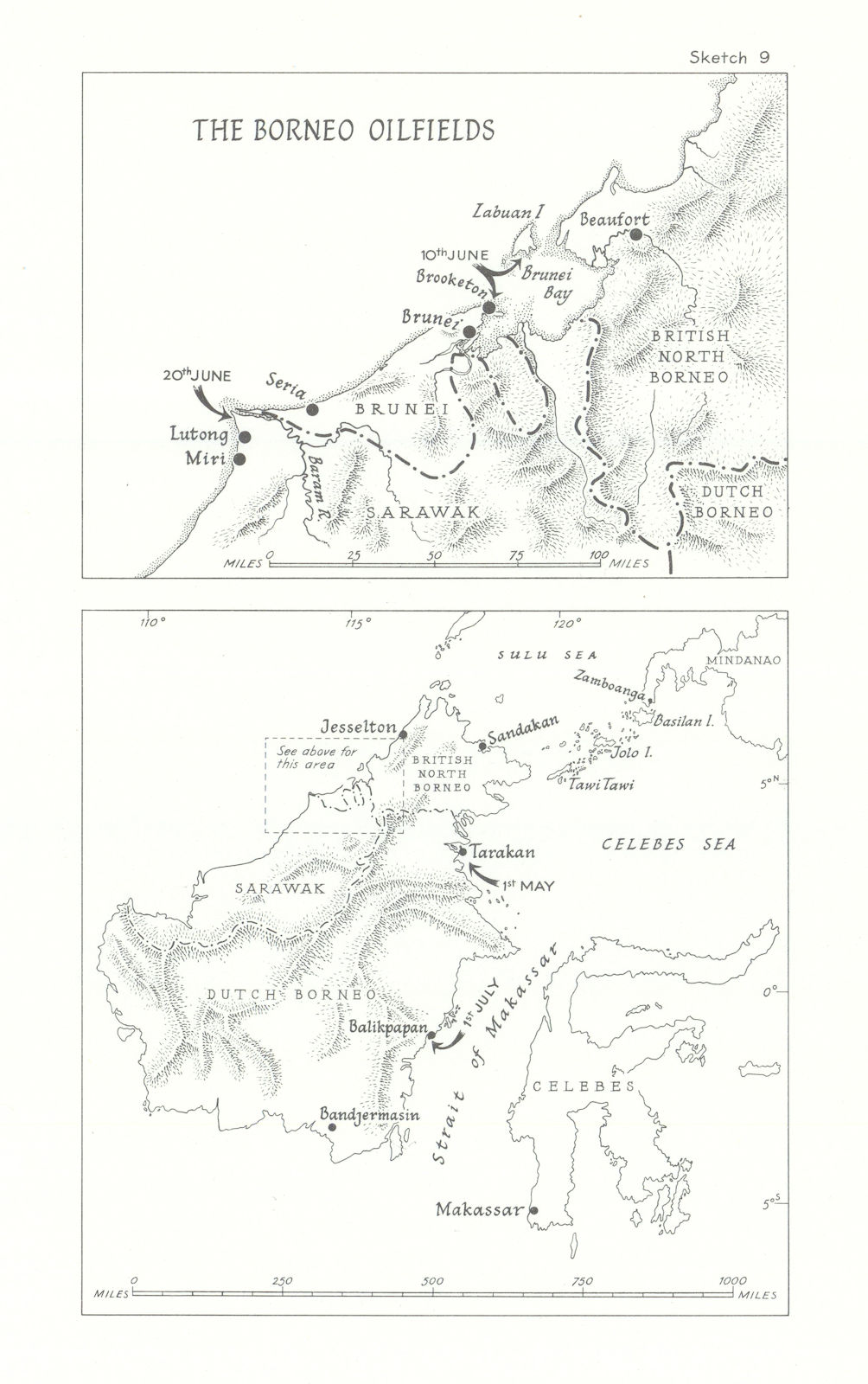 Associate Product Borneo Oilfields campaign May-July 1945. Oboe 1,2,6. World War Two 1969 map