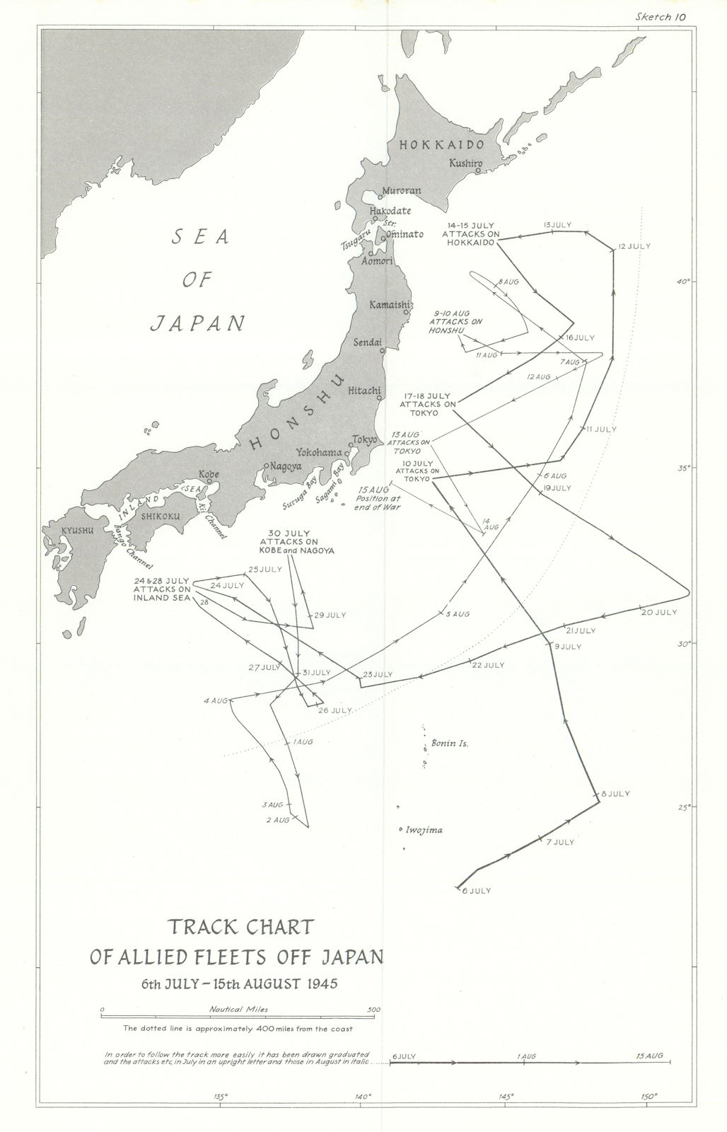 Associate Product Allied Fleets track chart off Japan 6 July-15 August 1945 World War Two 1969 map