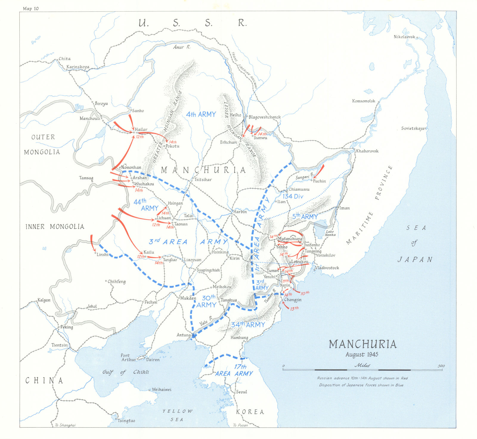 Soviet invasion of Manchuria, August 1945. World War Two 1969 old vintage map