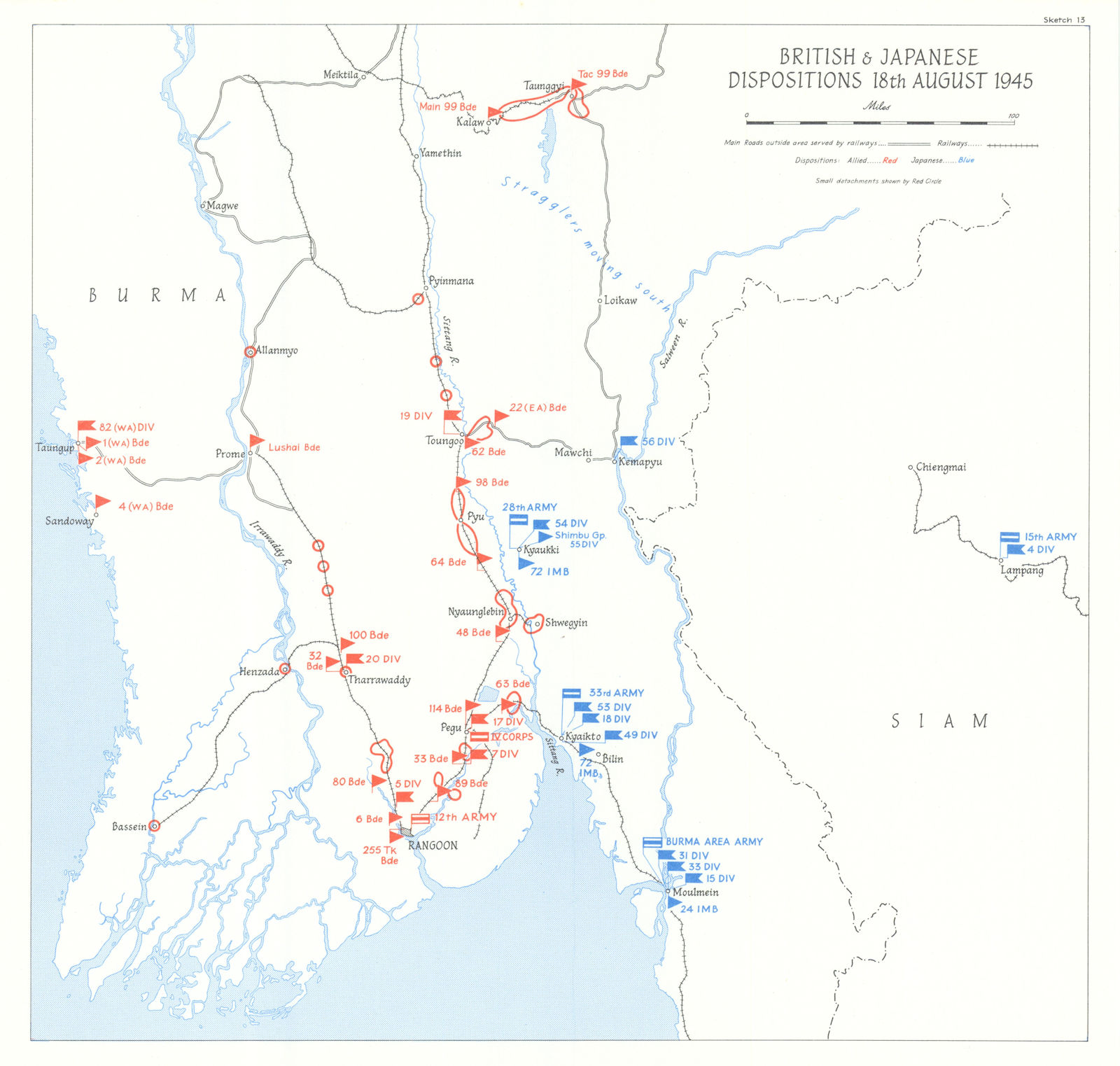 British & Japanese dispositions in Burma 18 August 1945. World War Two 1969 map