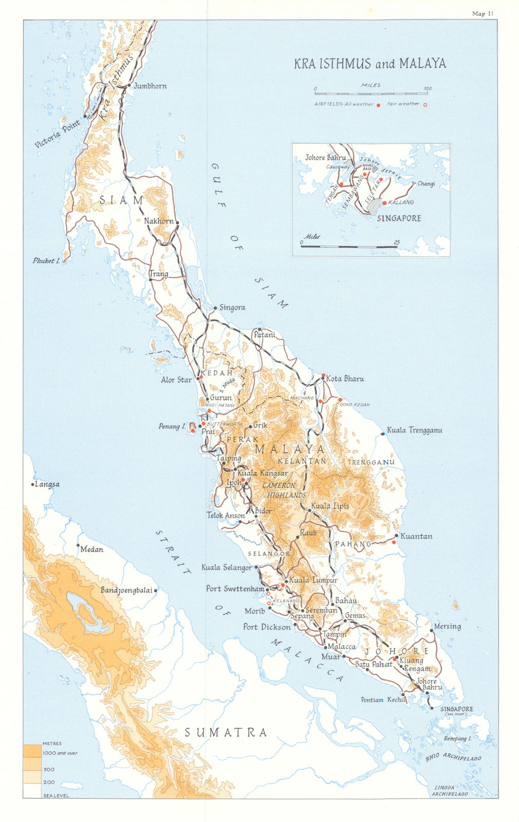 Associate Product Kra Isthmus, Malaya & Singapore 1945. Airfields. World War Two 1969 old map