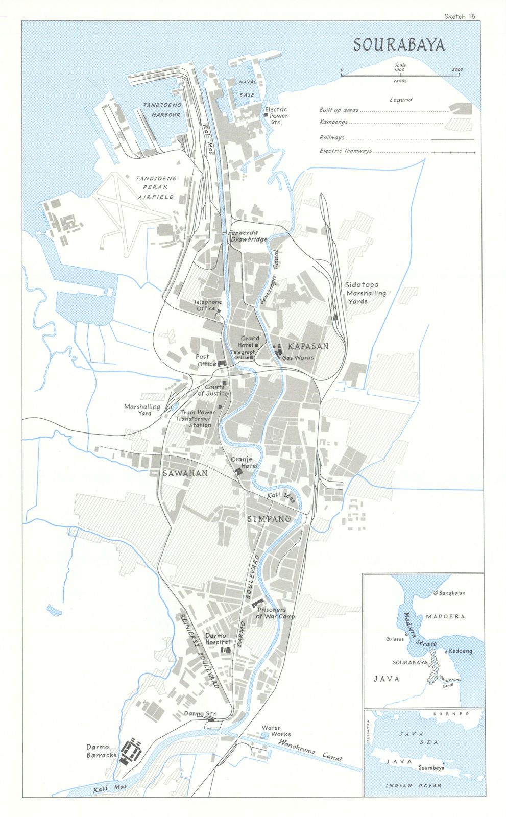 Associate Product Sourabaya/Surabaya city plan 1945. World War Two 1969 old vintage map chart