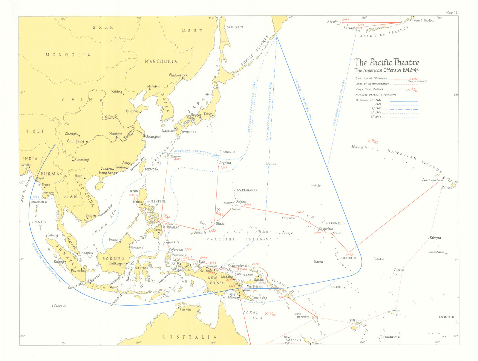 Associate Product American offensive 1942-45. World War Two Pacific Theatre 1969 old vintage map