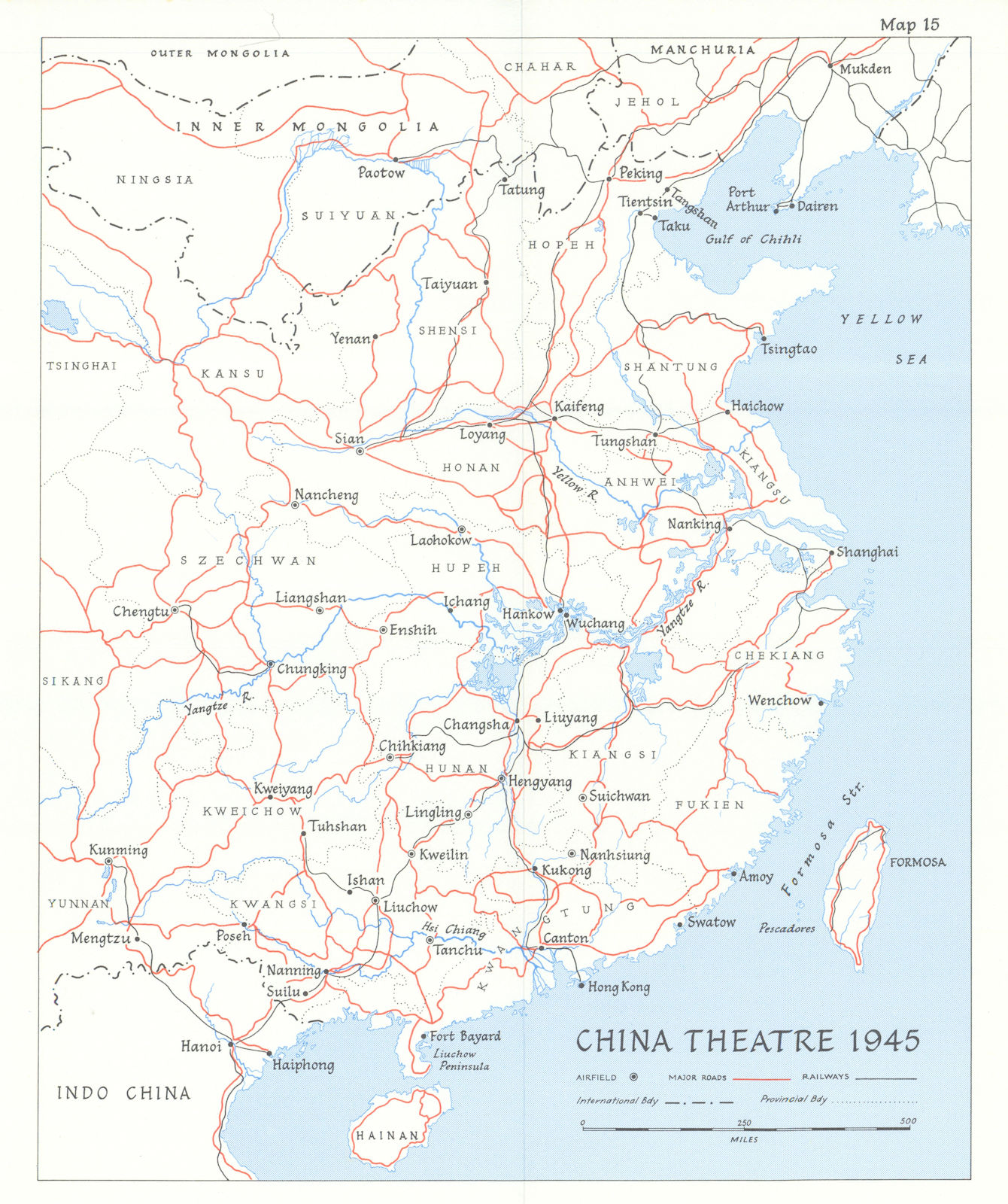 China Theatre 1945. Airfields roads railways. World War Two 1969 old map