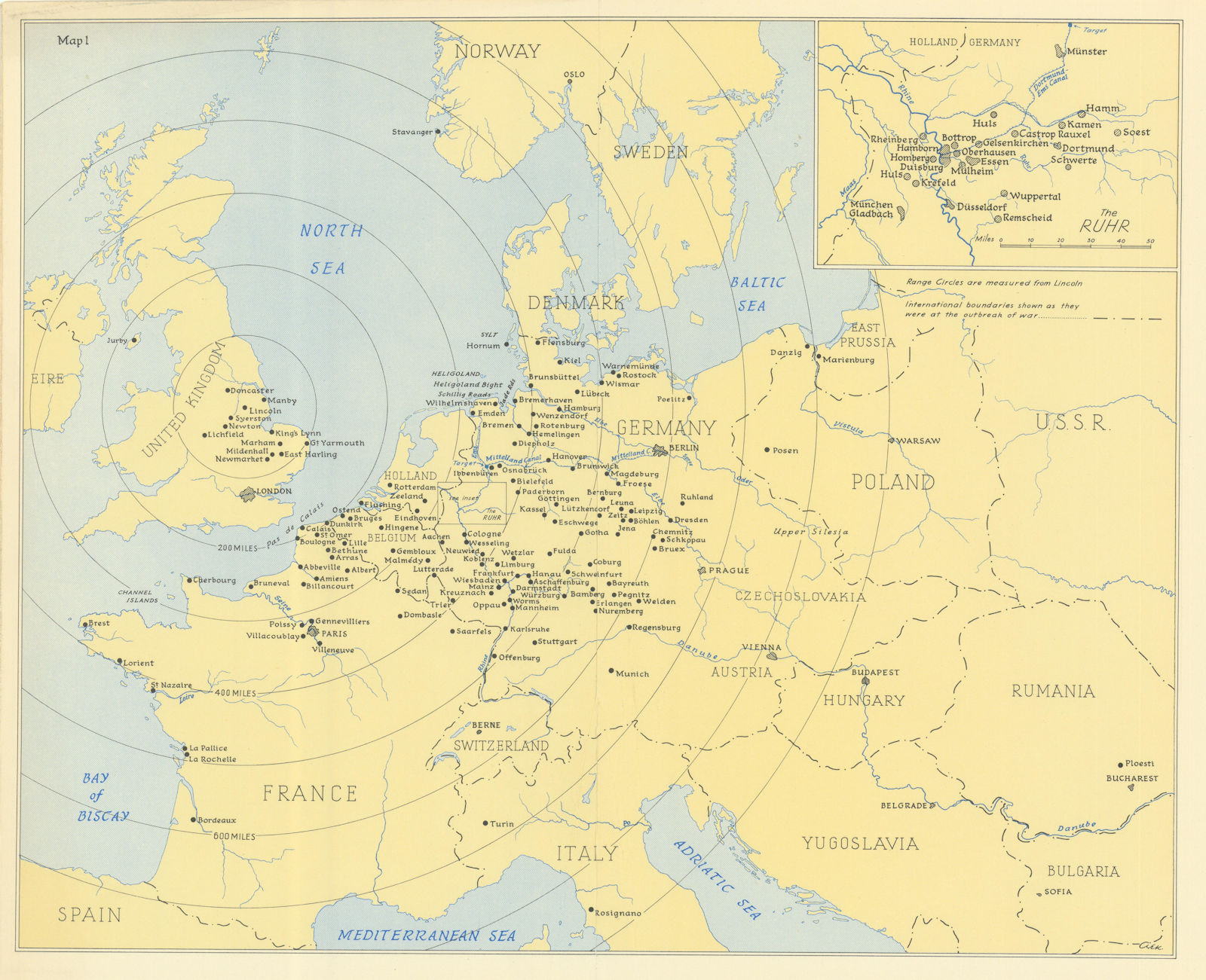 Associate Product RAF Bomber Command airfields 1940. Range circles to targets. WW2 1961 old map