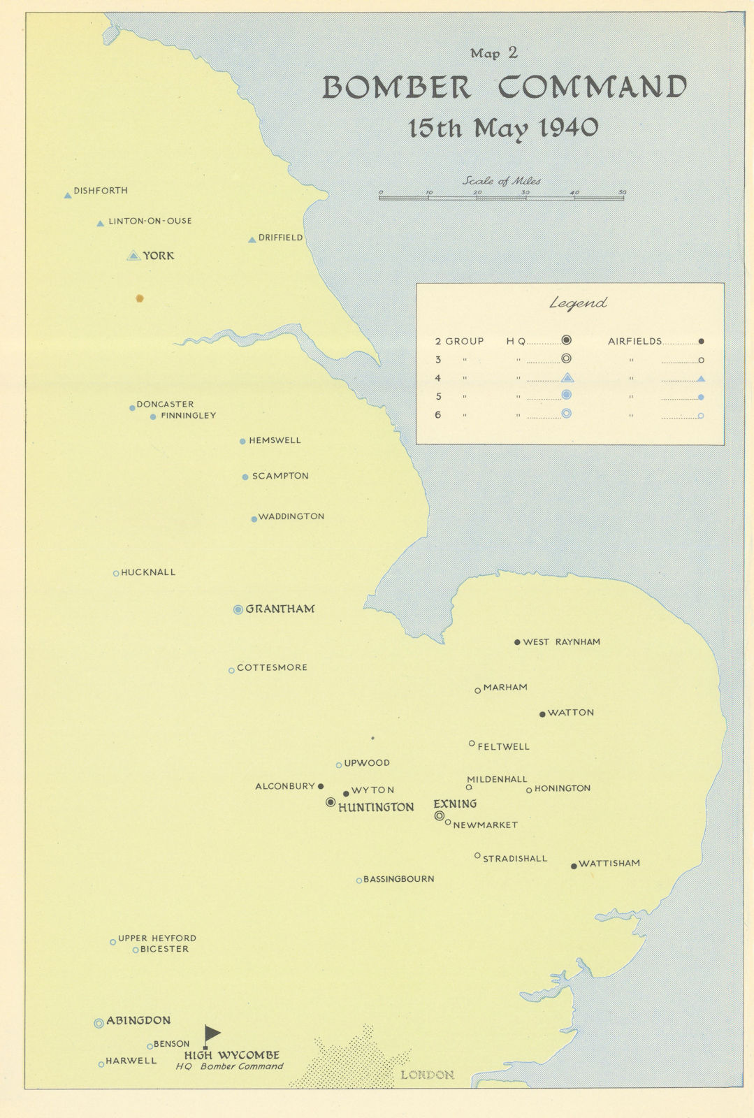 RAF Bomber Command airfields & HQs, 15th May 1940. World War Two 1961 old map