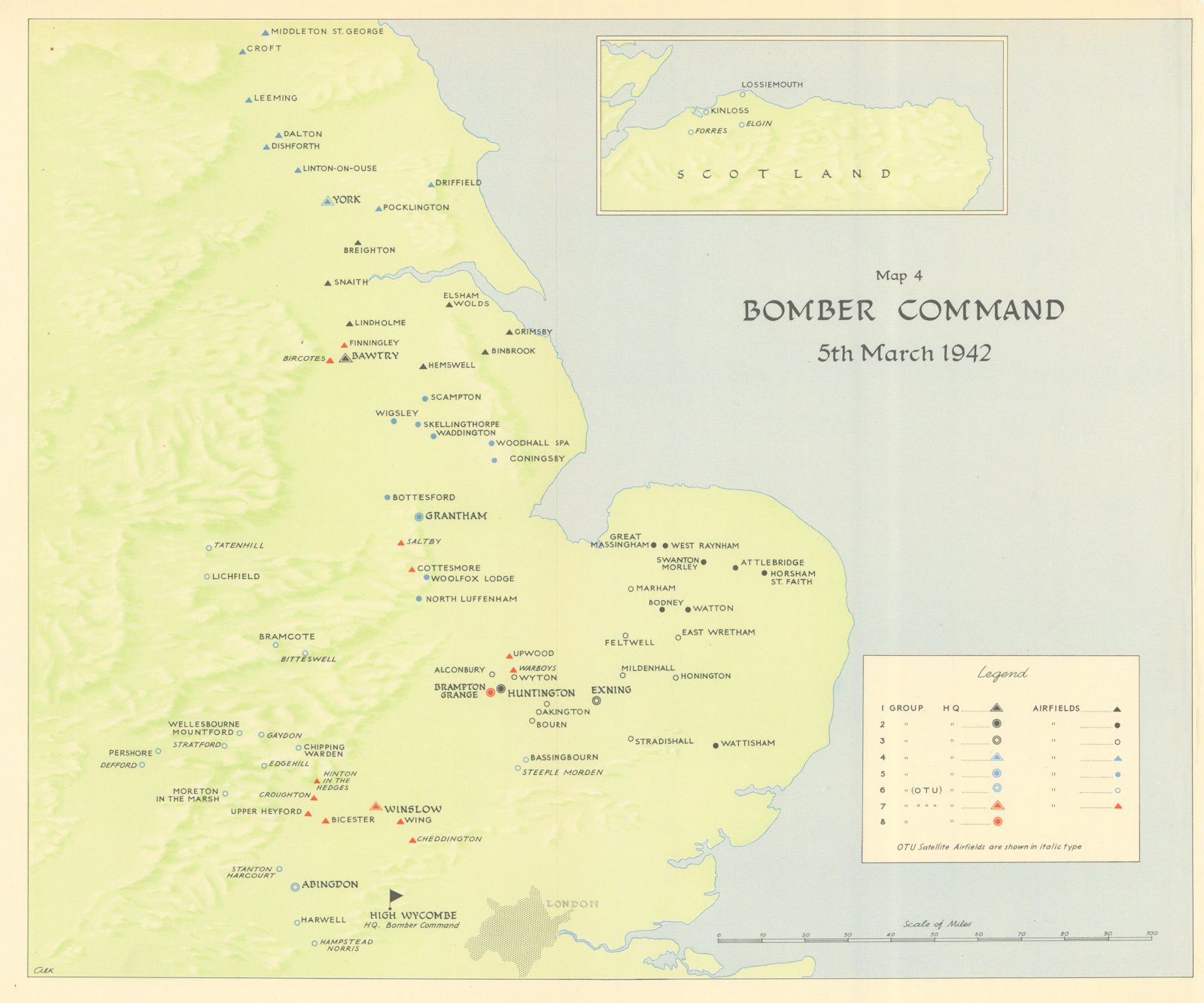 RAF Bomber Command airfields & HQs, 5th March 1942. World War Two 1961 old map