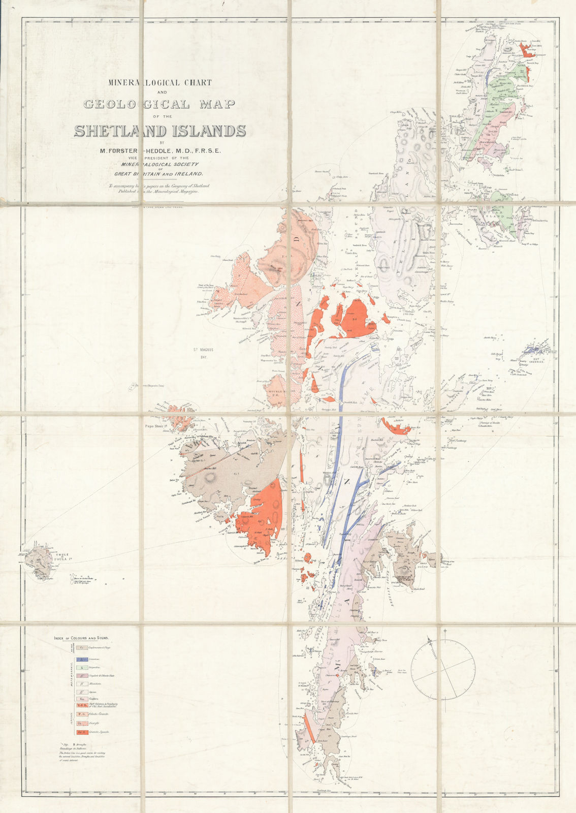 Shetland Islands Mineralogical Chart & Geological Map by Forster-Heddle 1879