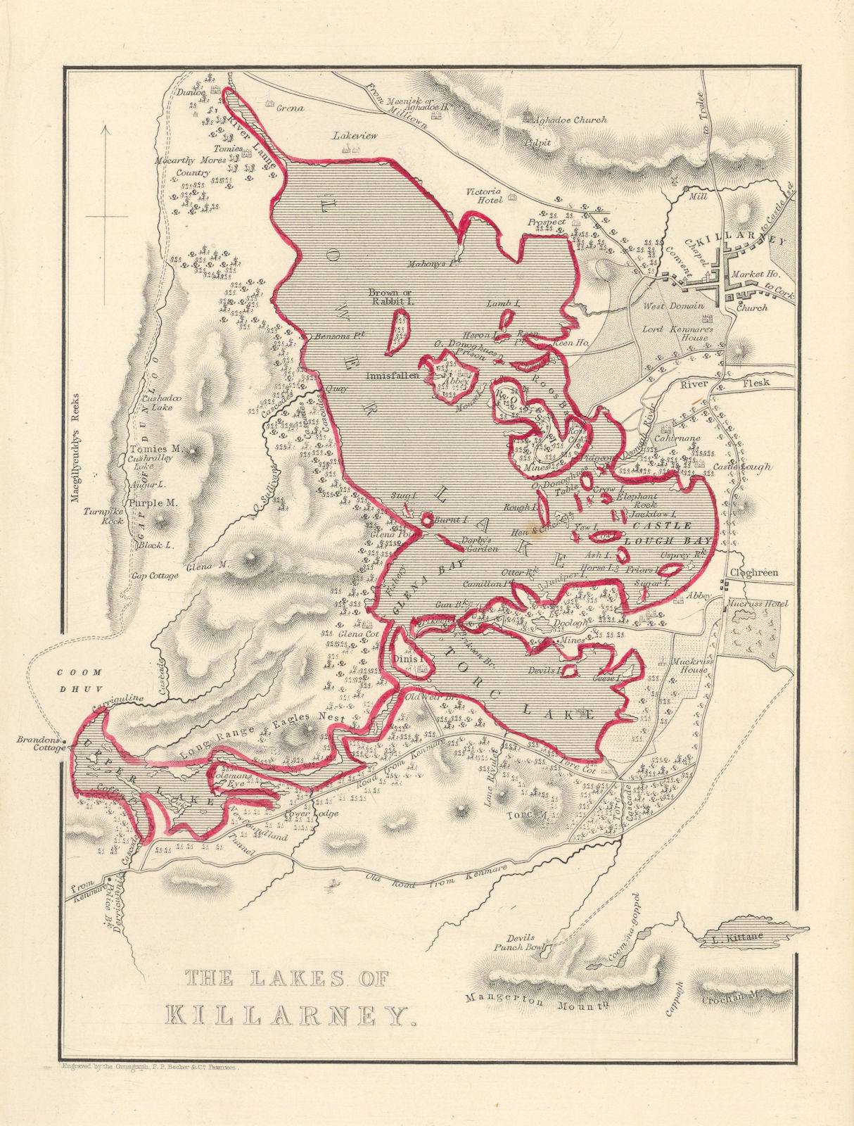 Associate Product Antique THE LAKES OF KILLARNEY map by Alfred ADLARD. Ireland 1843 old