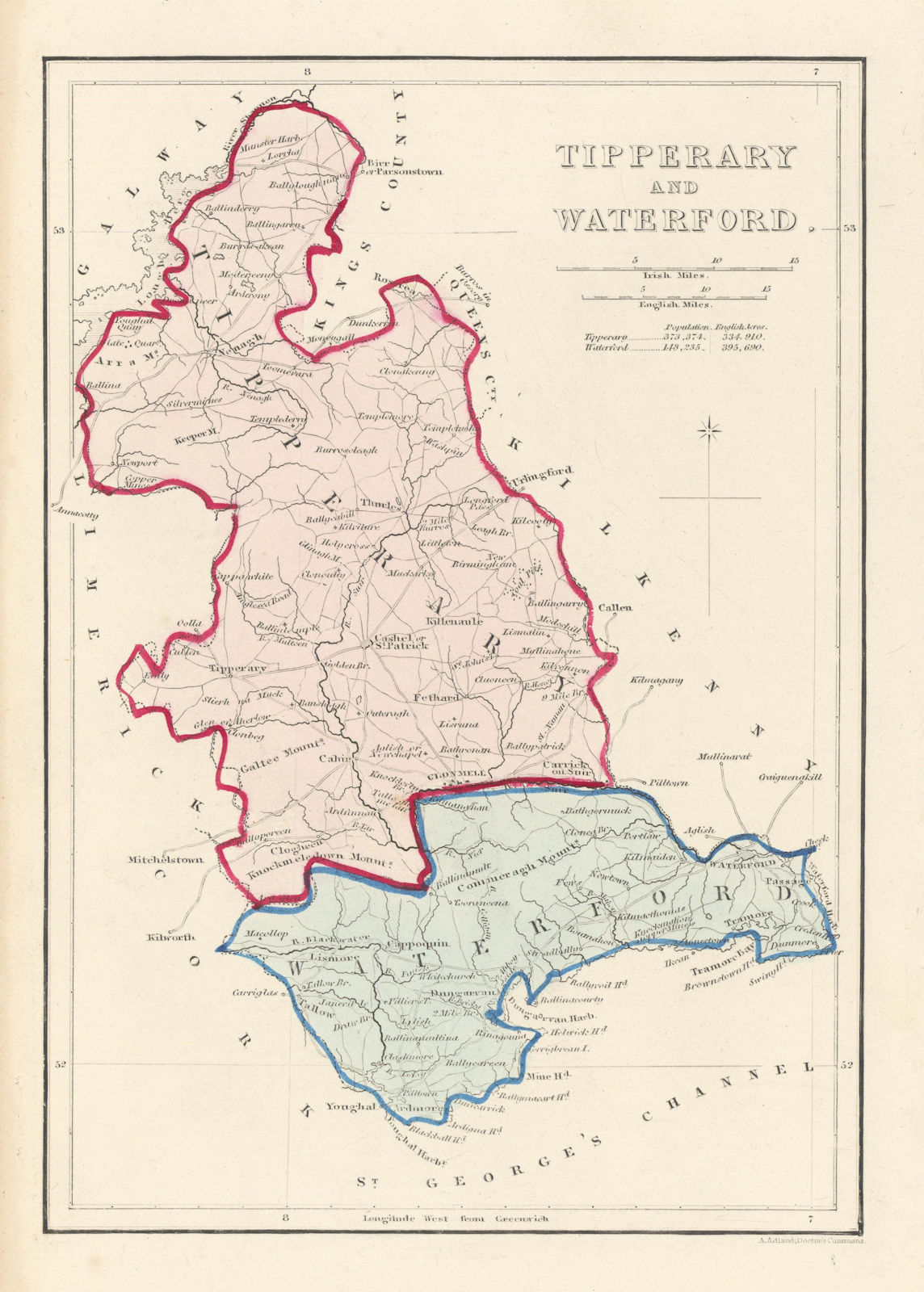 Associate Product Antique TIPPERARY AND WATERFORD county map by Alfred ADLARD. Ireland 1843