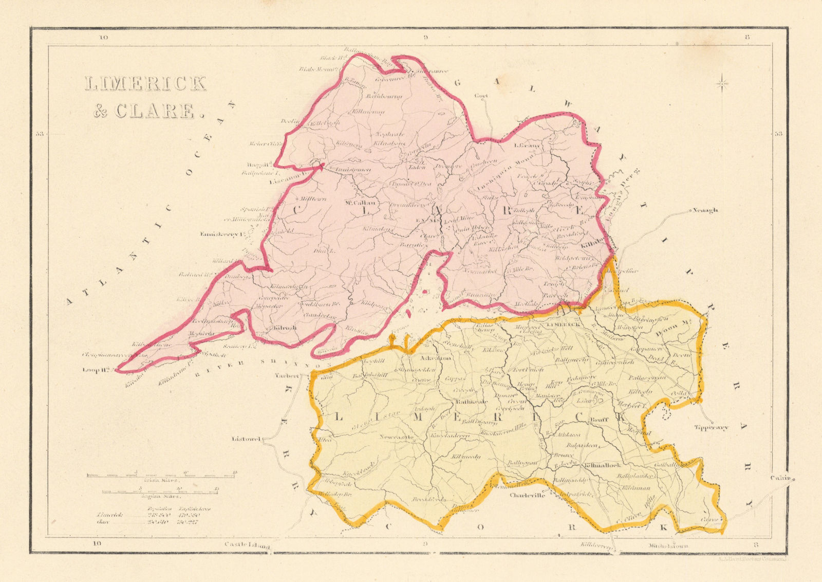 Associate Product Antique LIMERICK & CLARE county map by Alfred ADLARD. Ireland 1843 old