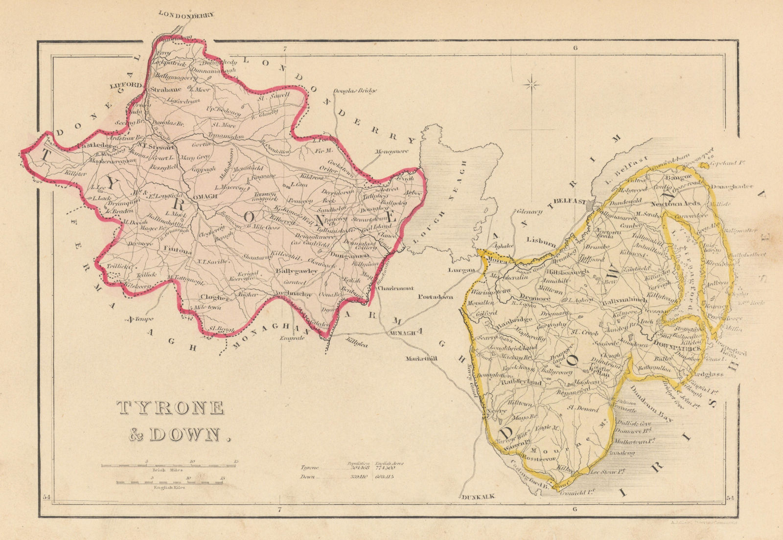 Associate Product Antique TYRONE & DOWN county map by Alfred ADLARD. Northern Ireland Ulster 1843