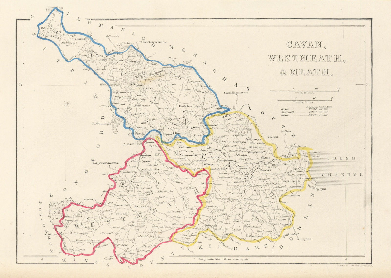 Associate Product Antique CAVAN, WESTMEATH & MEATH county map by Alfred ADLARD. Ireland 1843