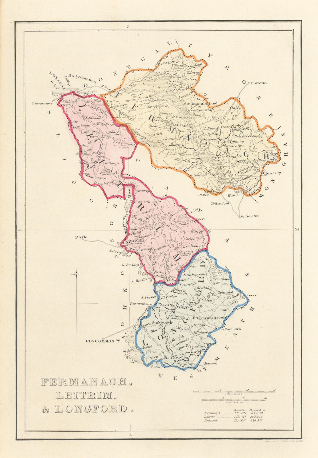 Associate Product Antique FERMANAGH, LEITRIM, & LONGFORD county map. ADLARD. Ireland Ulster 1843