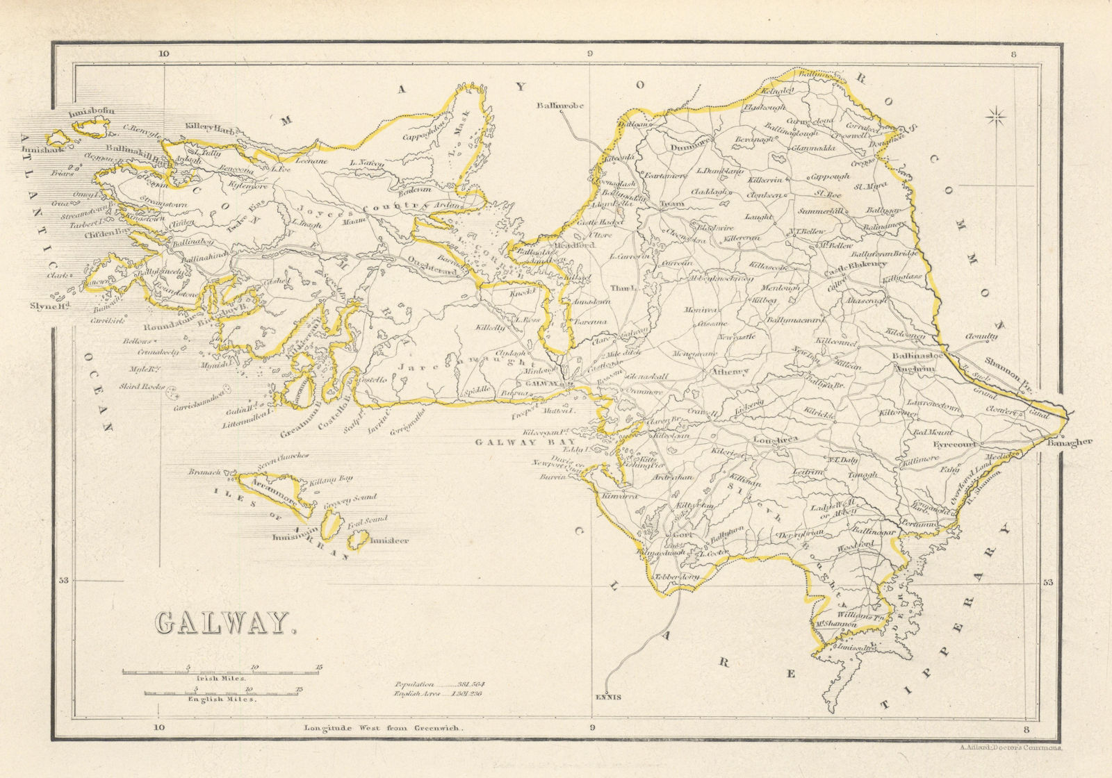 Associate Product Antique GALWAY county map by Alfred ADLARD. Ireland 1843 old chart