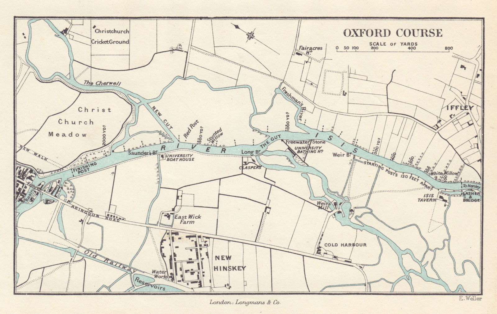 Associate Product The Oxford University Boat Club rowing course by Edward Weller. Isis 1888 map