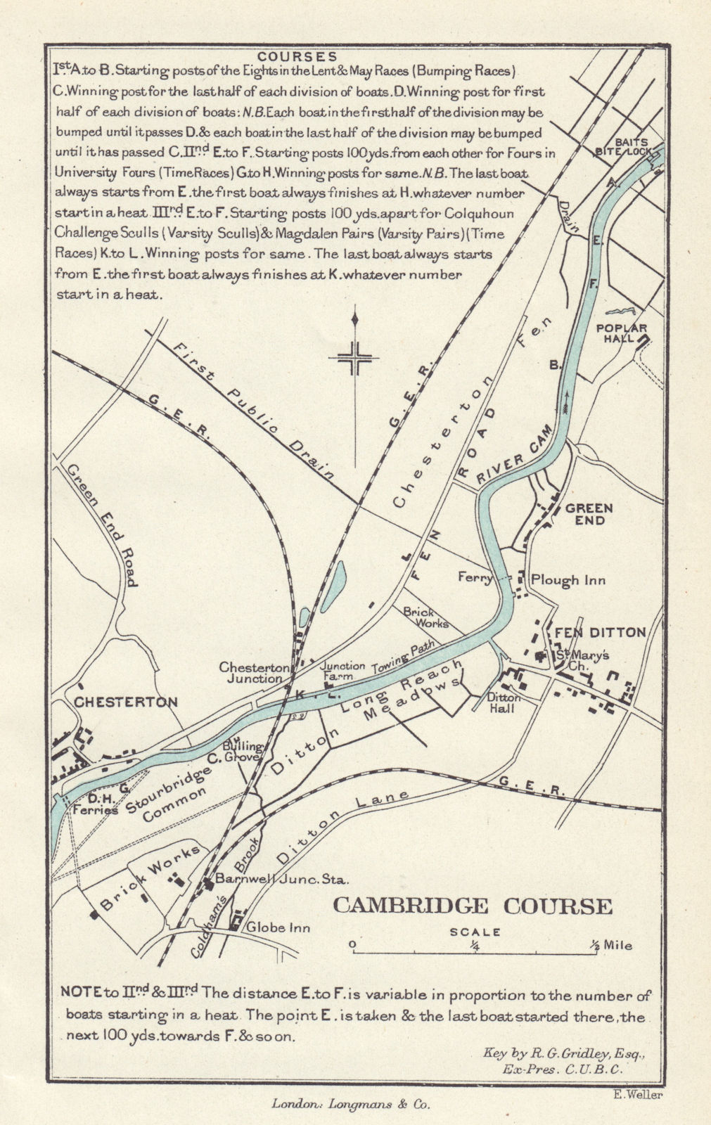 The Cambridge University Boat Club Bumps rowing course by Edward Weller 1888 map