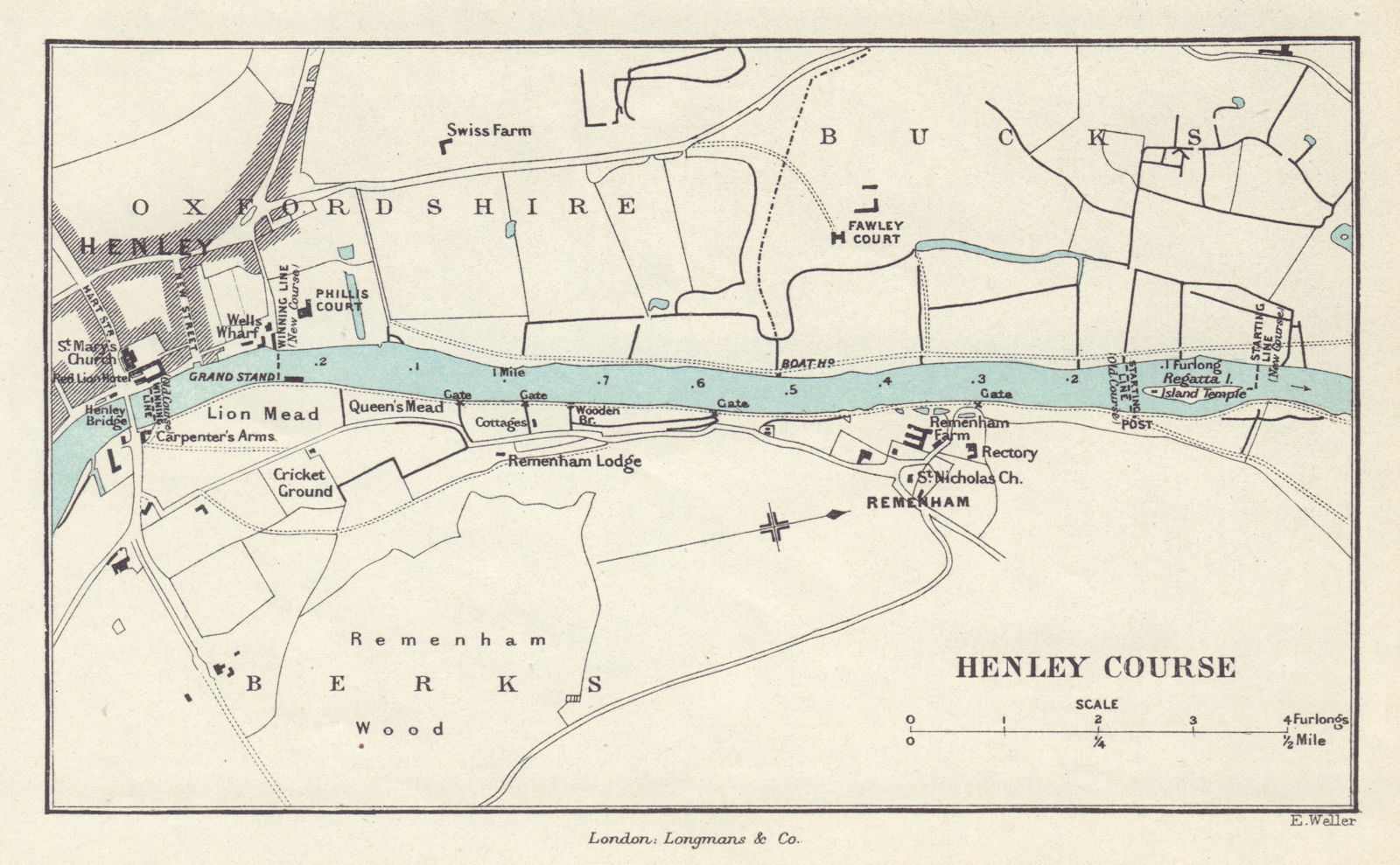 The Henley Royal Regatta rowing course by Edward Weller 1888 old antique map