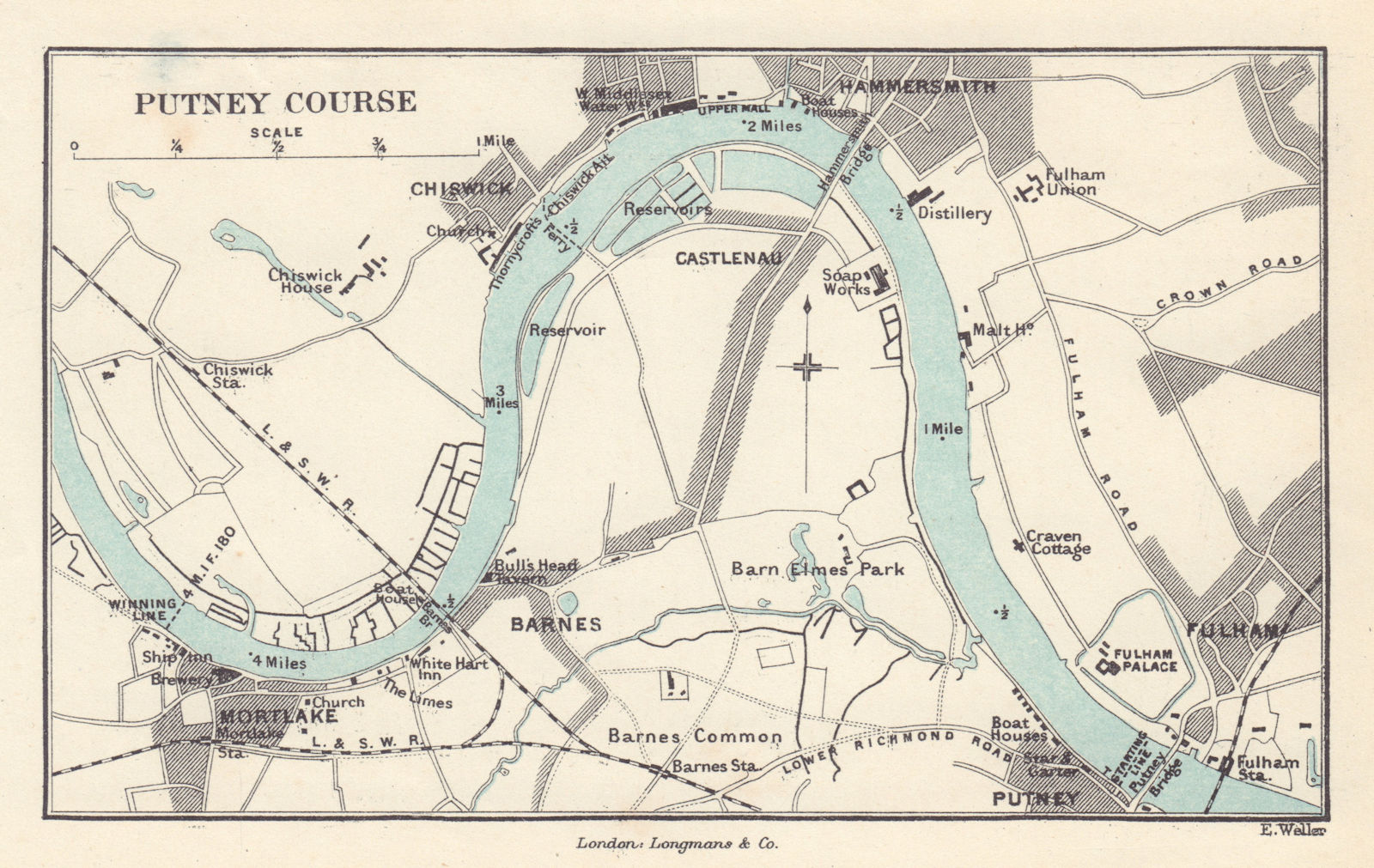 Associate Product The Putney to Mortlake rowing course. Oxford-Cambridge boat race WELLER 1888 map