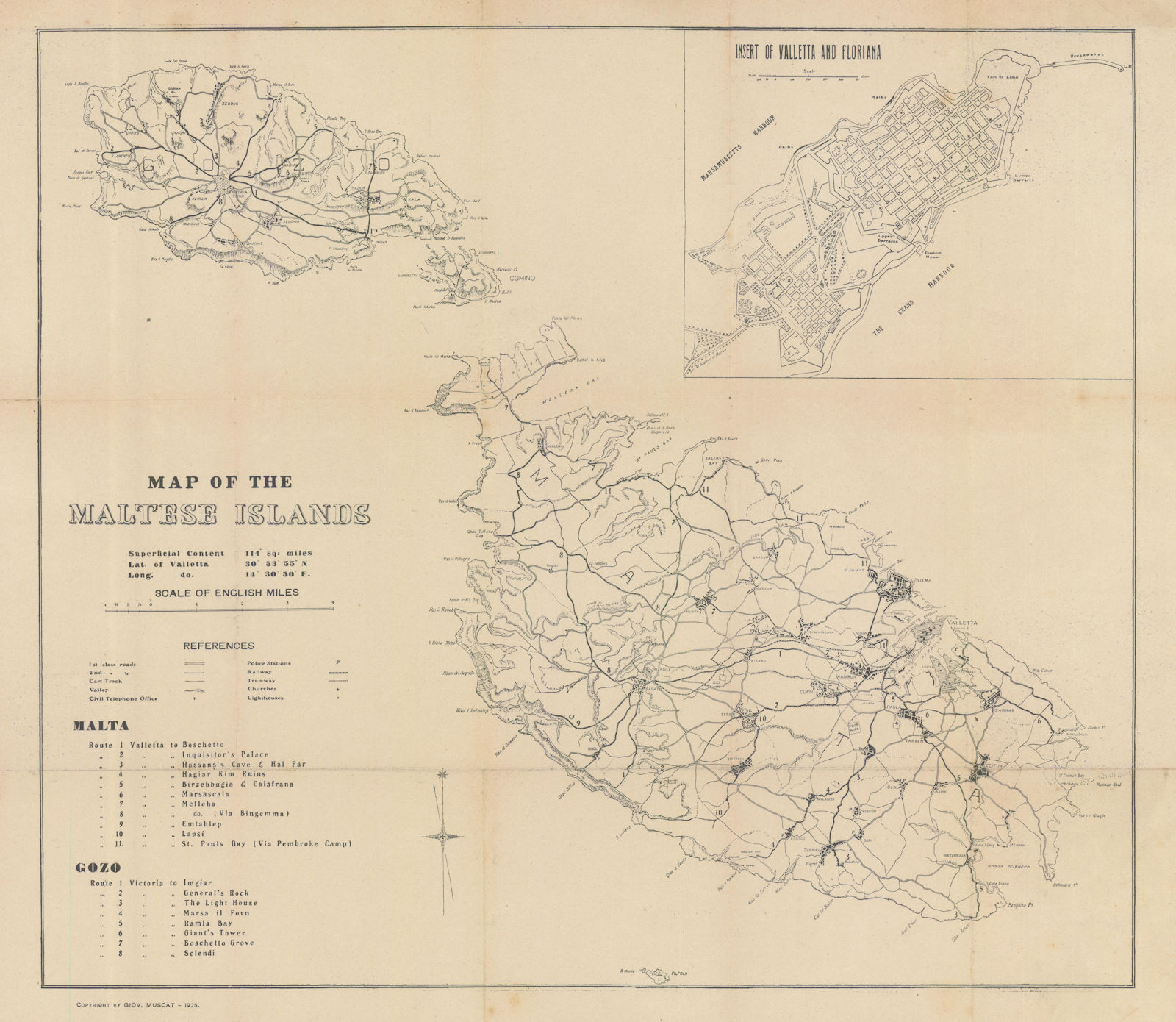 Associate Product Map of the Maltese Islands. Valletta and Floriana. Giovanni Muscat 1925