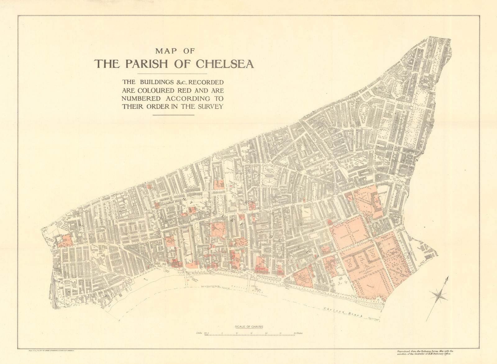 Map of the Parish of Chelsea. Survey of London. 50x69cm 1913 old antique