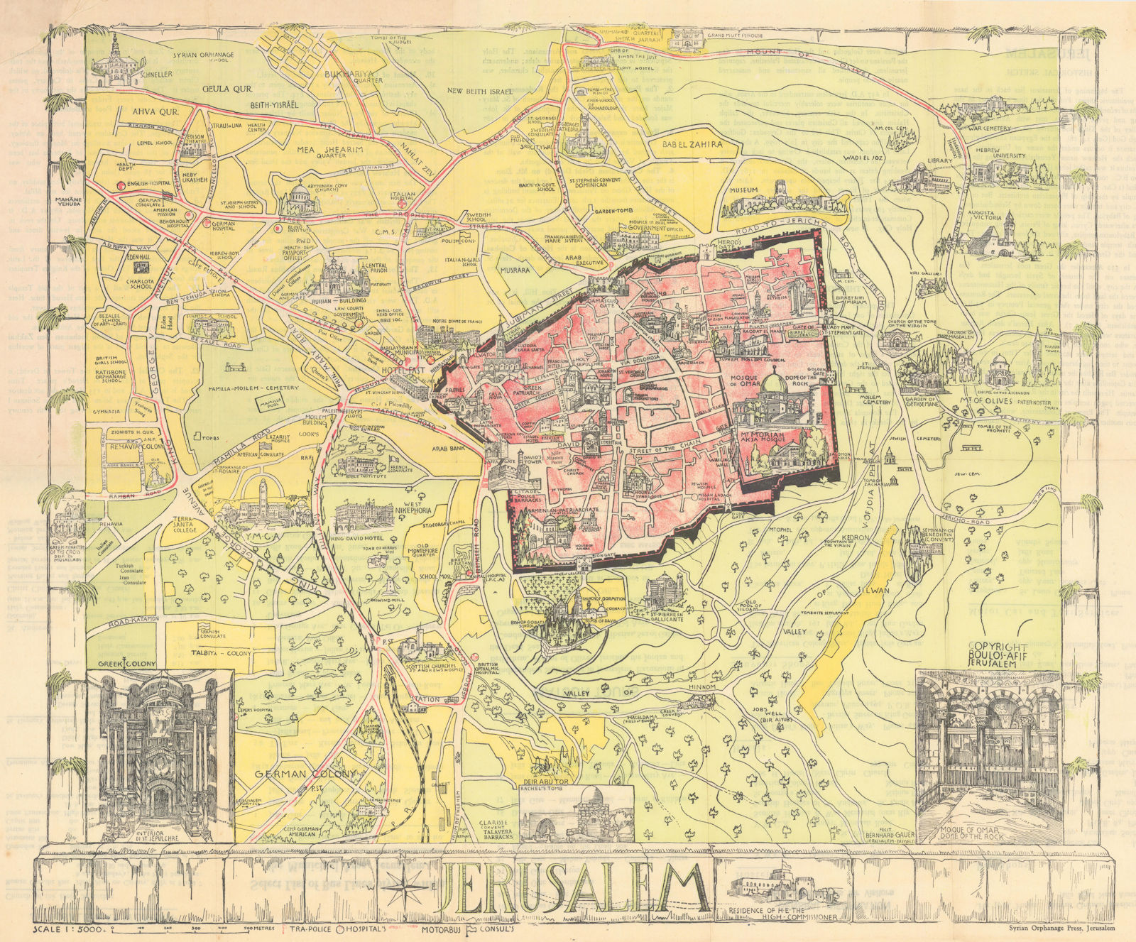 Guide map of Jerusalem. WW2/British Mandate era pictorial city plan. GAUER c1940