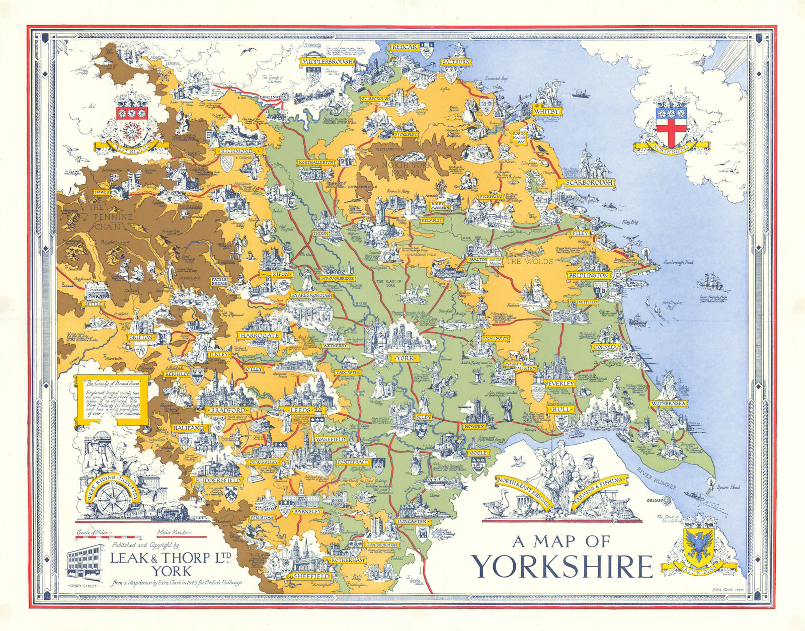 A Pictorial Map of Yorkshire by Estra Clark for British Railways 44x56cm 1949