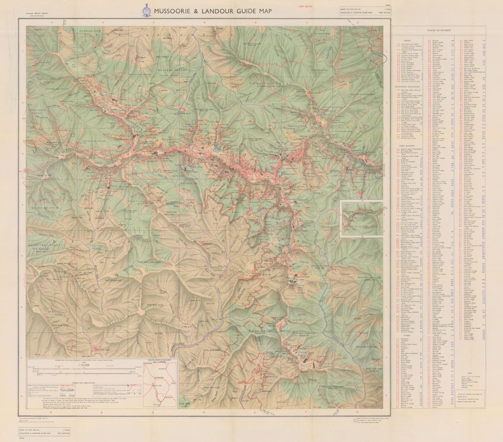 Associate Product Mussoorie & Landour Guide Map. Survey of India 88x100cm 1968 old vintage