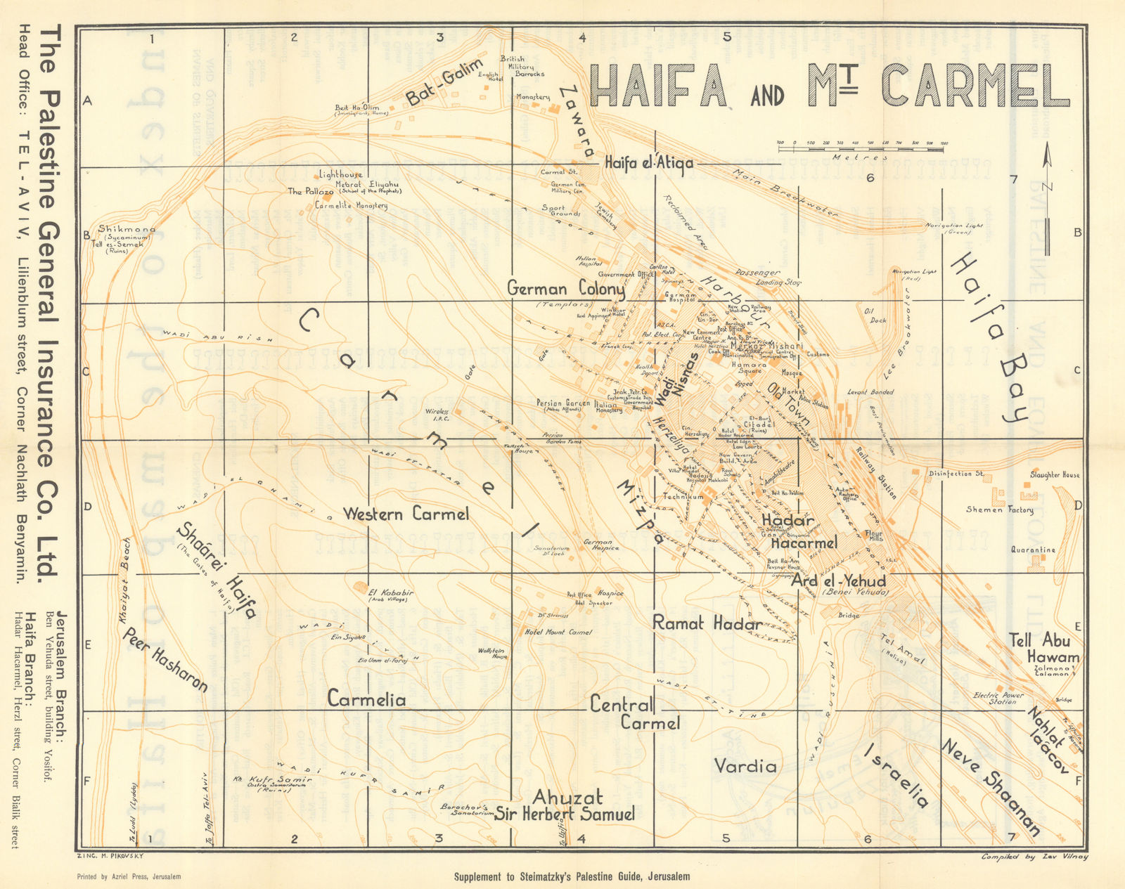 Haifa and Mt. Carmel. British Mandate era city plan. VILNAY/ STEIMATZKY 1935 map