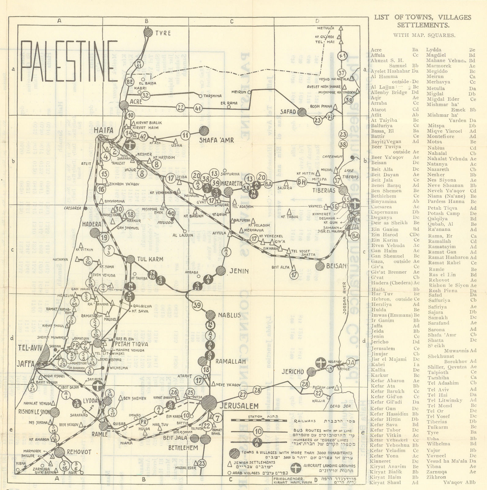 Associate Product Palestine rail lines, bus routes, Jewish settlements & Arab villages 1935 map