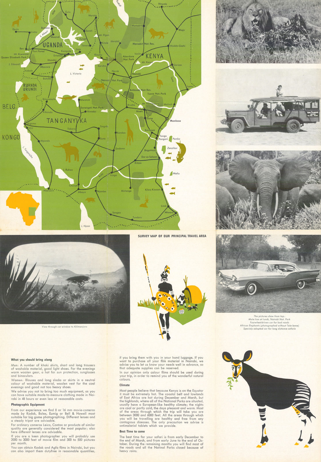 East Africa touring map for Heini Demmer Safaris. Kenya Tanzania Uganda c1957