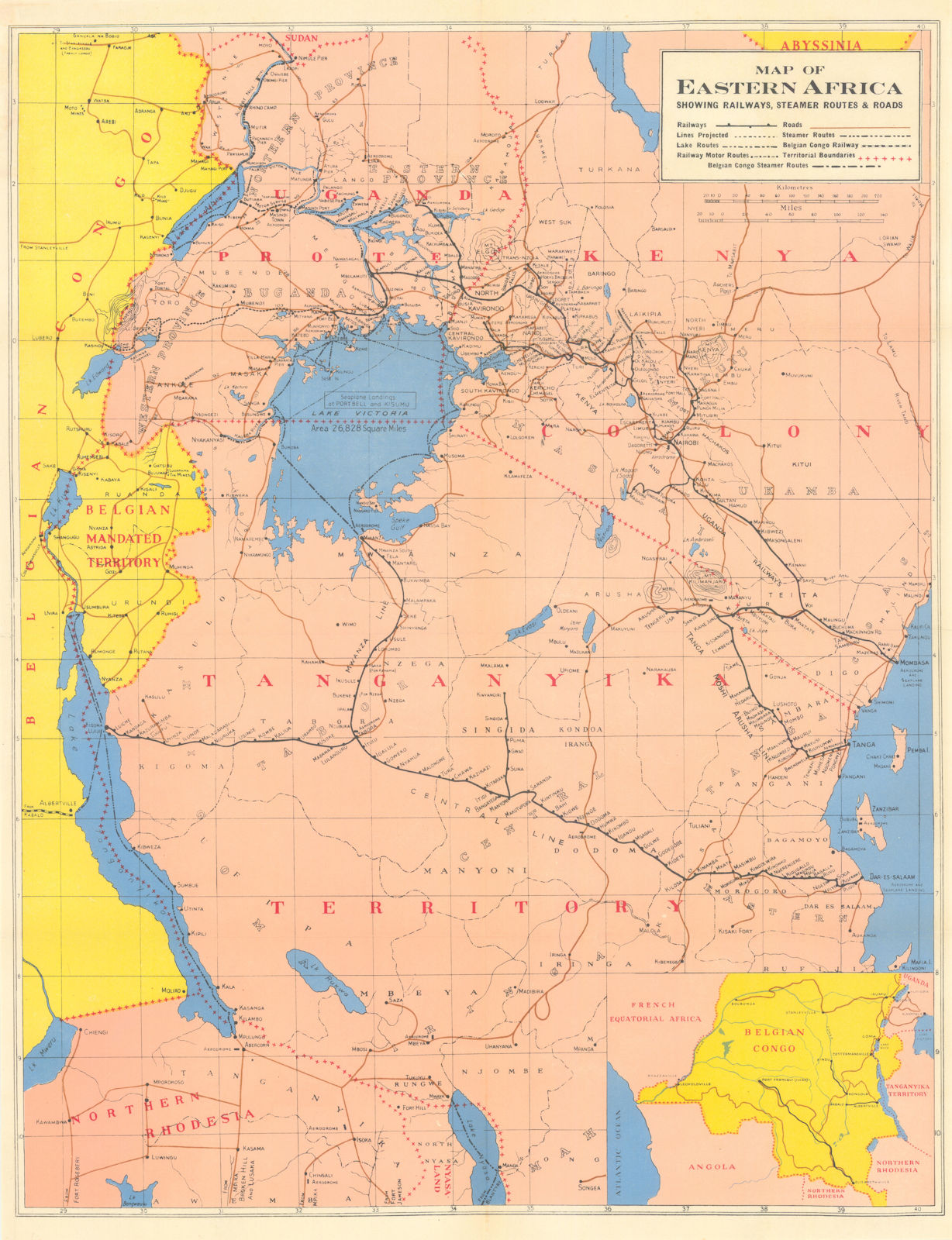 Associate Product Map of Eastern Africa showing railways, steamer routes & roads 1949 old