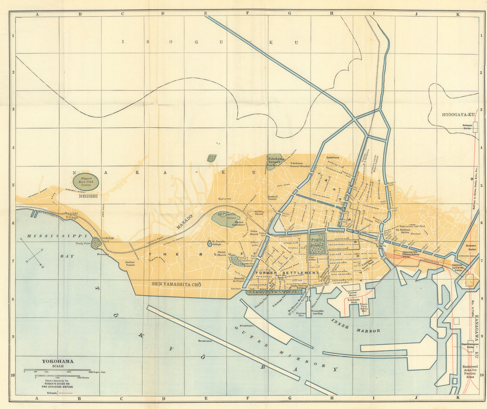 Yokohama town/city plan. Japan antique tourist map 1930 old chart