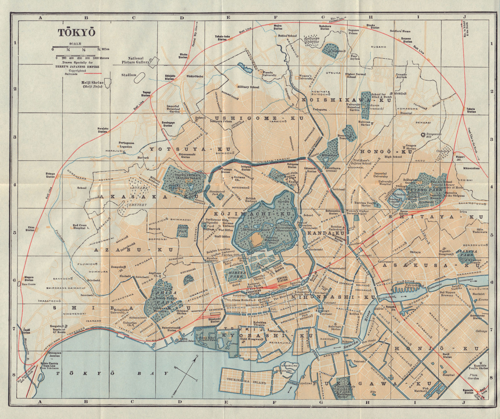 Associate Product Tokyo town/city plan. Japan antique tourist map 1930 old chart